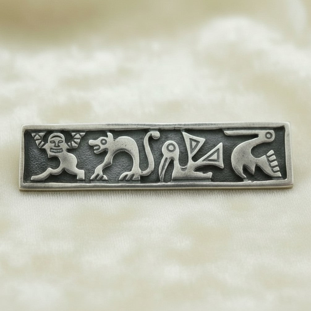 1920s Vintage Aztec Deities Bar Pin, Mexican Silver Renaissance Brooch.
