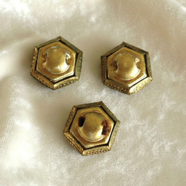15L Set of Three 1890-1910 Art Nouveau Pierced Brass Dimi Buttons, 3/8", showing brass guilt steel backs.