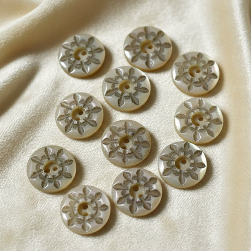 13L Set of Eleven Antique Two-Hole Fancy Pearl Dimi Buttons 3/8".