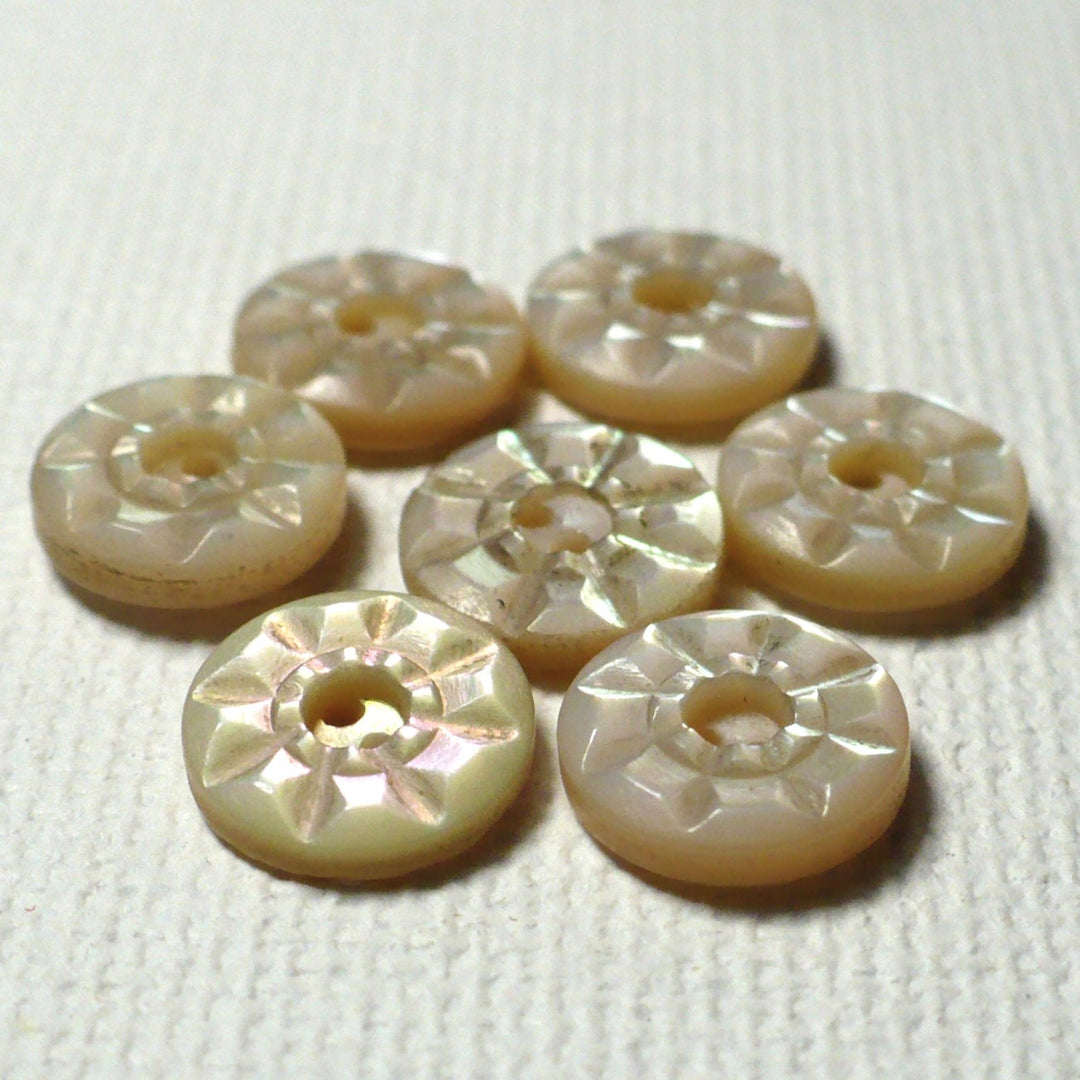 13L 1920s-1930s Two-Hole Fancy Pearl Buttons 5/16 Inches Set of 7