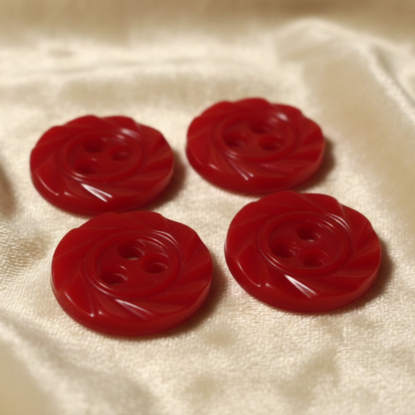 18L Set of Four 1930s Vintage Red Celluloid Two Hole Buttons, 1/2".