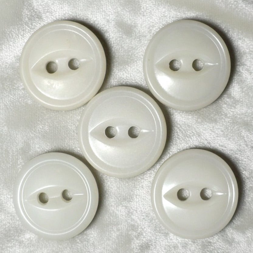 22L Set of Five White Celluloid Two Hole Fish Eye Buttons, 1/2".