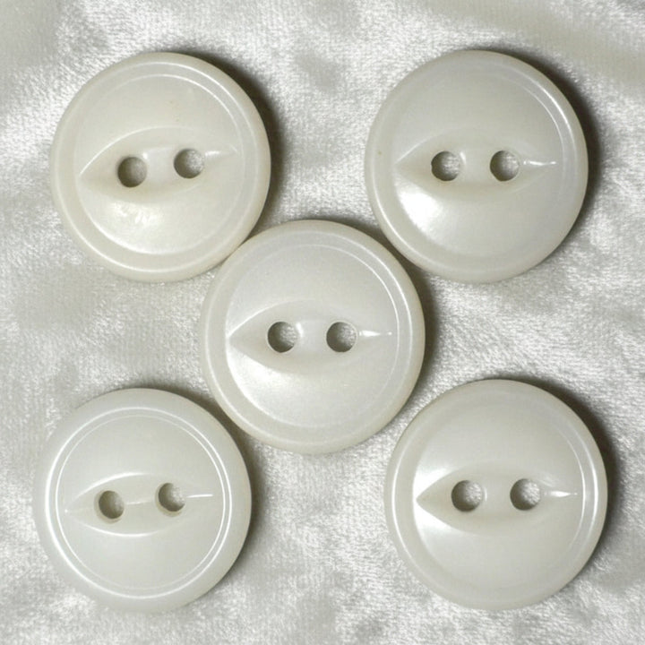 22L Set of Five White Celluloid Two Hole Fish Eye Buttons, 1/2".
