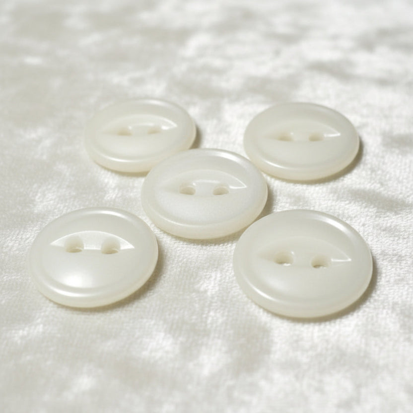 22L Set of Five White Celluloid Two Hole Fish Eye Buttons, 1/2".