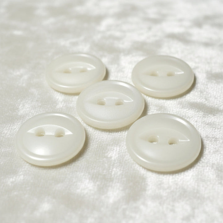 22L Set of Five White Celluloid Two Hole Fish Eye Buttons, 1/2".