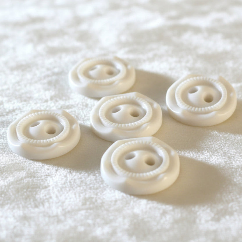 24L Set of Five Opaque White Celluloid Two Hole Buttons, 5/8".