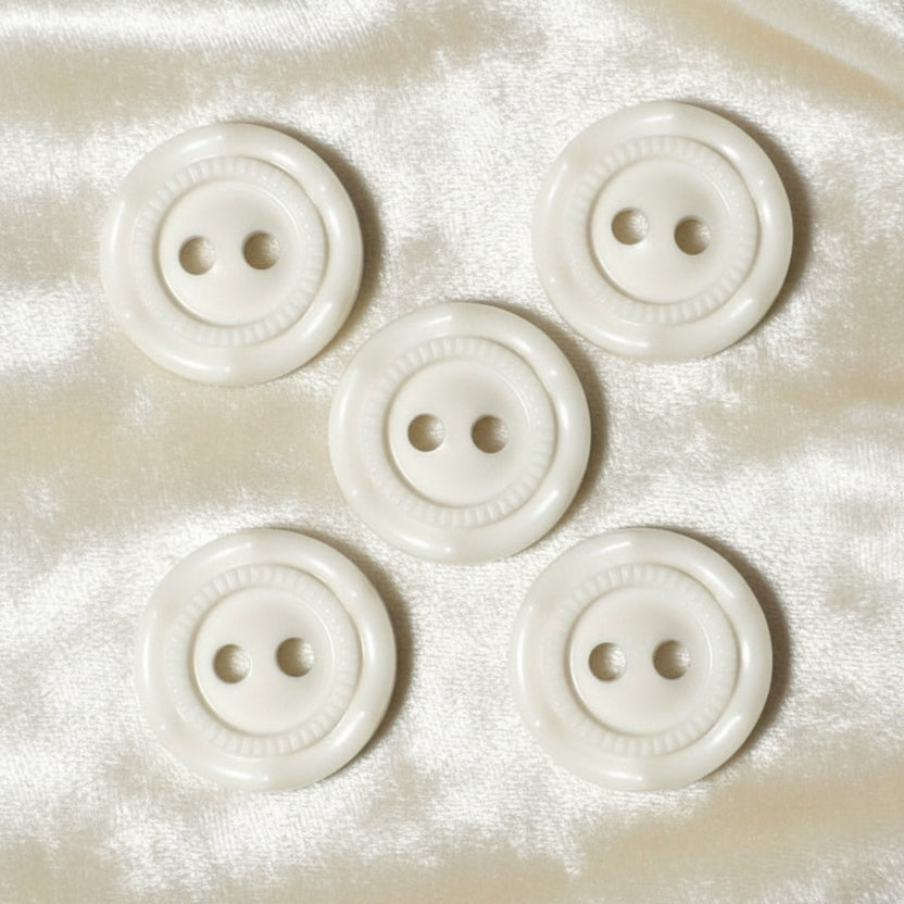 24L Set of Five Opaque White Celluloid Two Hole Buttons, 5/8".