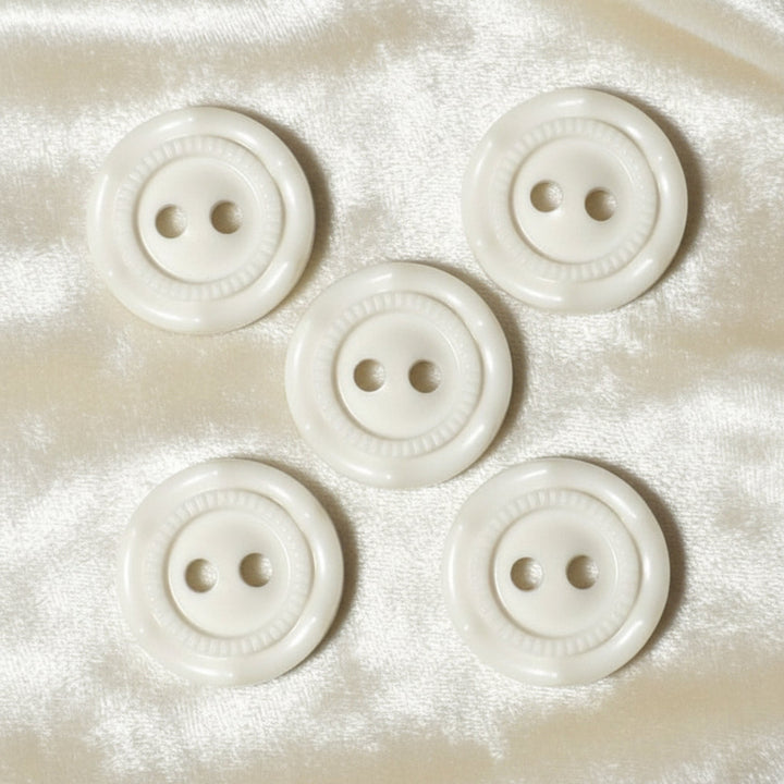 24L Set of Five Opaque White Celluloid Two Hole Buttons, 5/8".