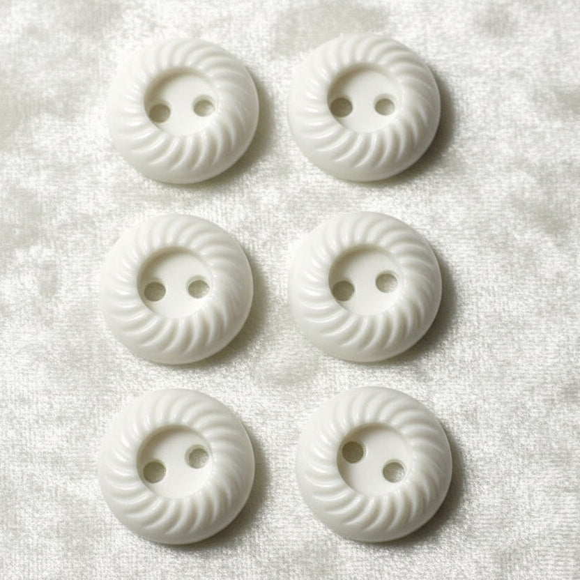 19L Set of Six Small Two-Hole White Celluloid Buttons, Pinwheel Rims, 1/2".