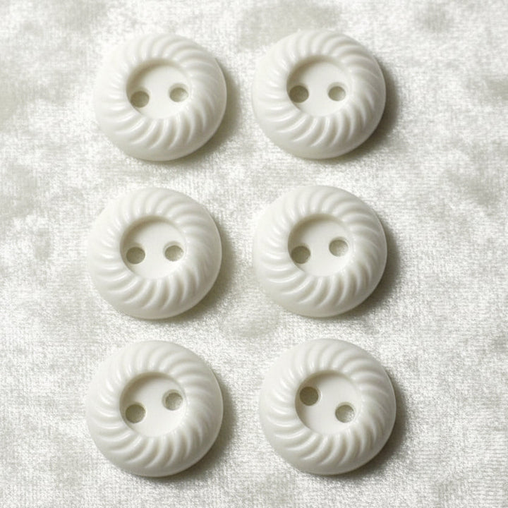 19L Set of Six Small Two-Hole White Celluloid Buttons, Pinwheel Rims, 1/2".
