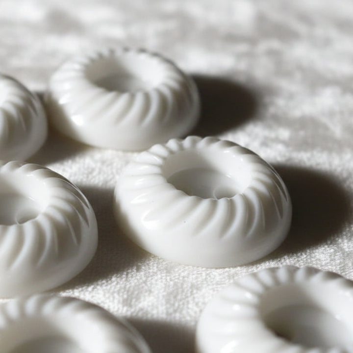 19L Set of Six Small Two-Hole White Celluloid Buttons, Pinwheel Rims, 1/2".