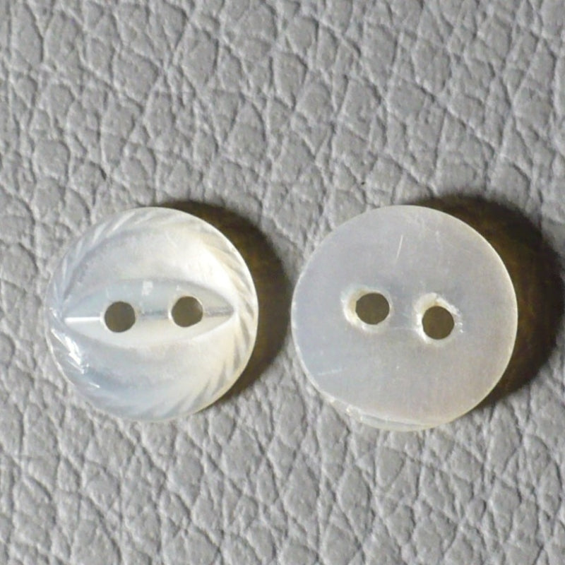 11L Set of Seven Two-Hole Fancy Pearl Shell Dimi Buttons, 1/4"and back.