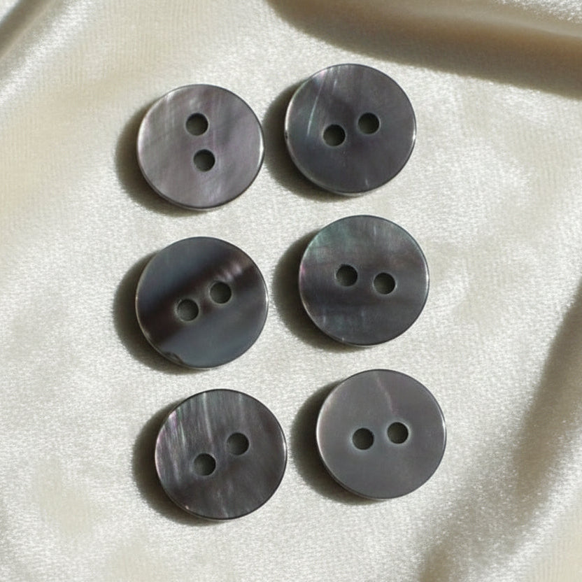 14L Set of Six 1940-50s Two-Hole Grey Trochas Shell MOP Dimi Buttons, 3/8".