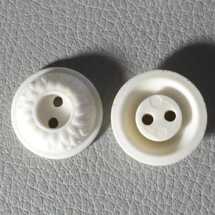 23L Set of Six White Celluloid Whistle Buttons, front and back view gray background.