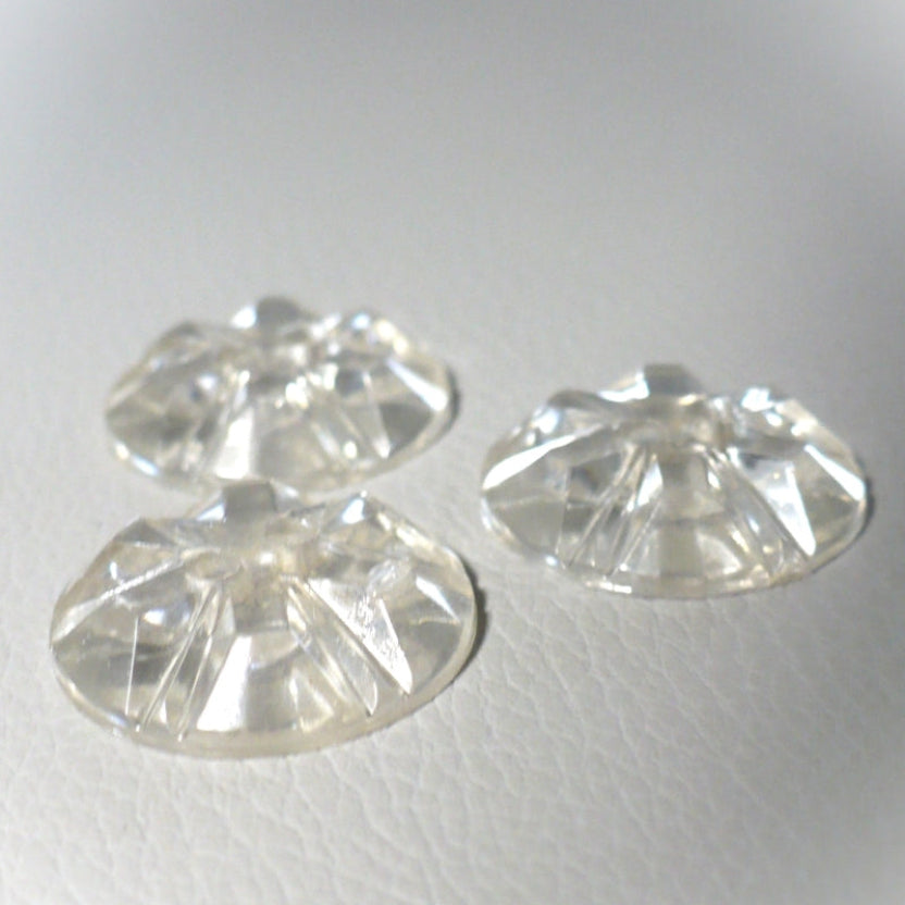 Backs of 30L Set of Three 1950s Clear as Crystal Lucite Two-Hole Buttons, 3/4", on gray background, view 2.