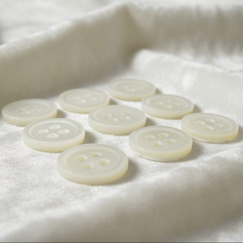 18L Set of Nine Concentric Ring Four Hole Pearl Shell Shirt Buttons, 1/2".