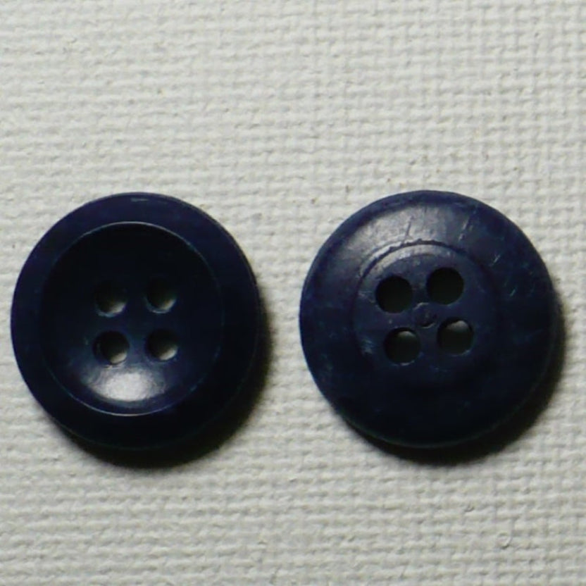 22L Set of Six Blue Four Hole Casein Buttons, 9/16".