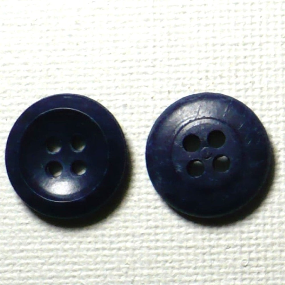 22L 1930s Navy Blue Four-Hole Casein Button front and back view, side by side.