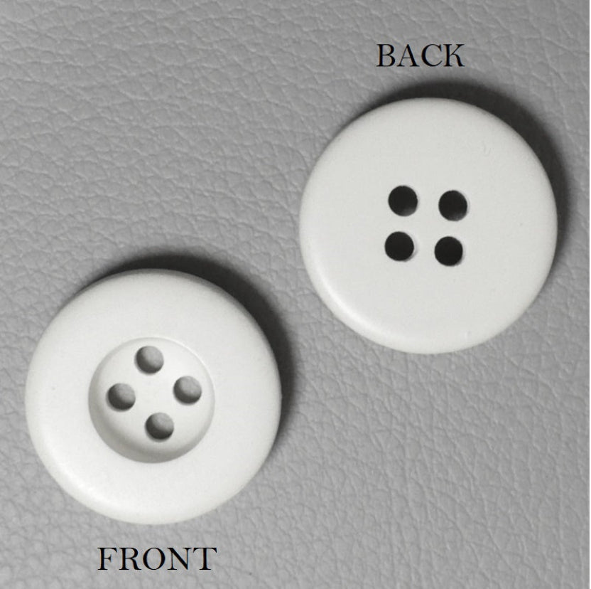 29L Set of Two Matte White Four Hole Plastic Buttons, 3/4", front and back views.
