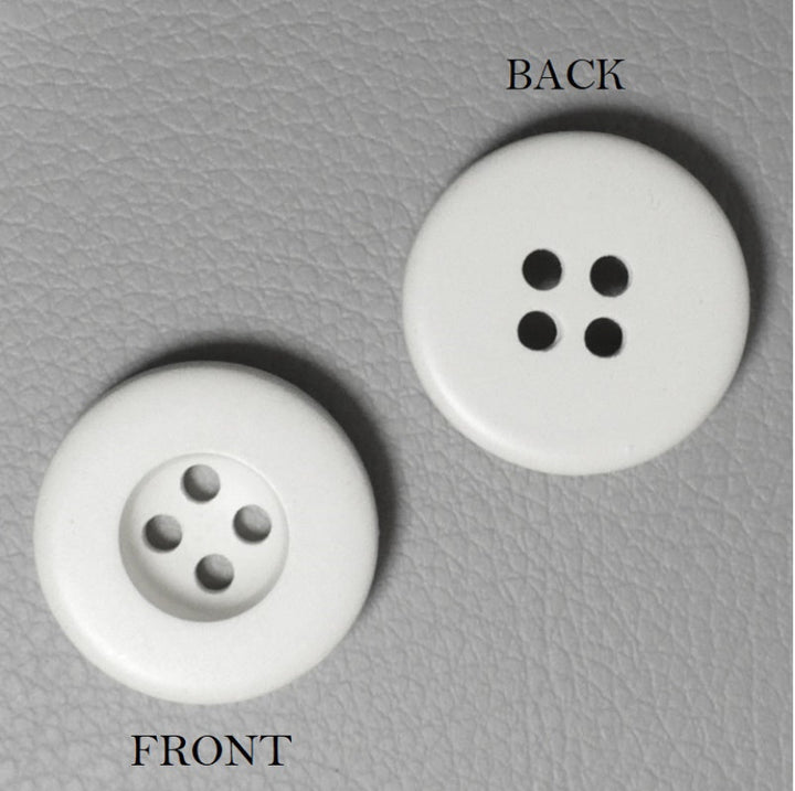 29L Set of Two Matte White Four Hole Plastic Buttons, 3/4", front and back views.