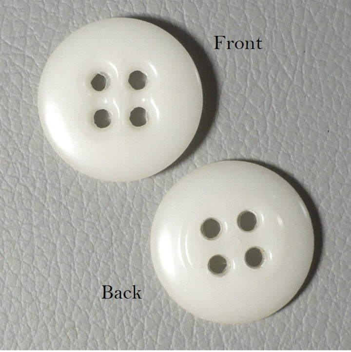 27L Set of Six Matte White Four-Hole Casein Trouser Buttons.
