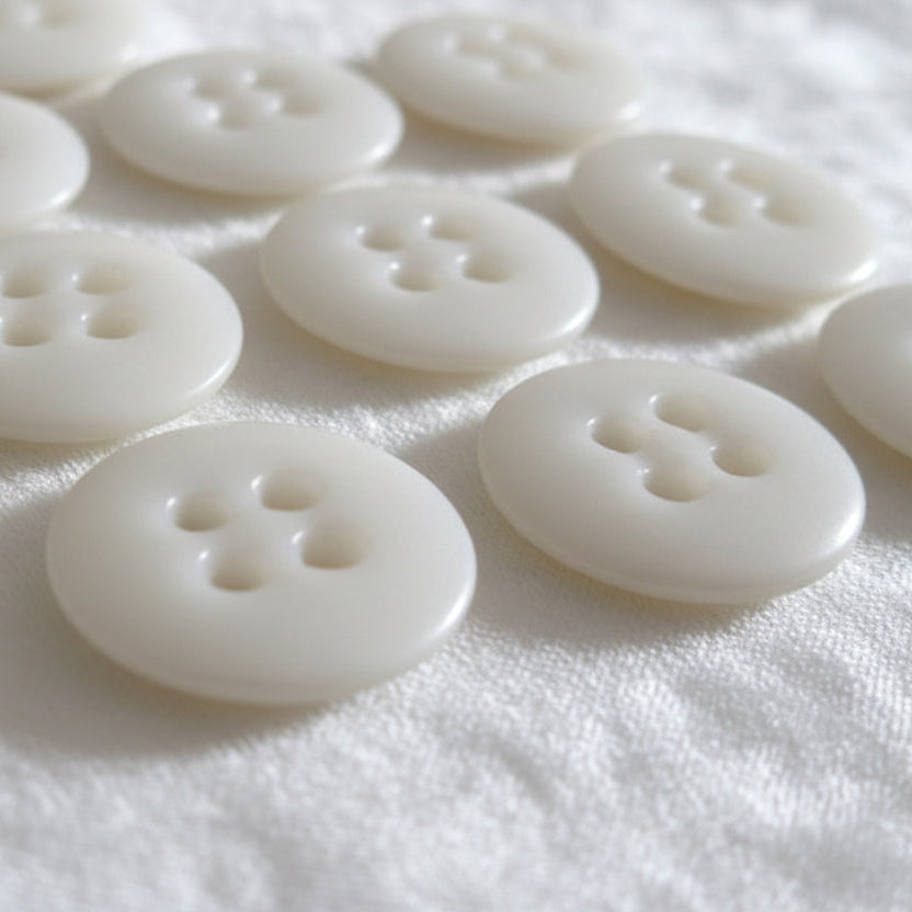 27L Set of Ten White Four Hole Casein Trouser Buttons, 3/4"