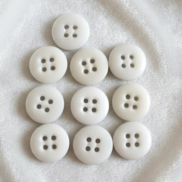27L Set of Ten Matte White Four Hole Casein Trouser Buttons, 3/4"