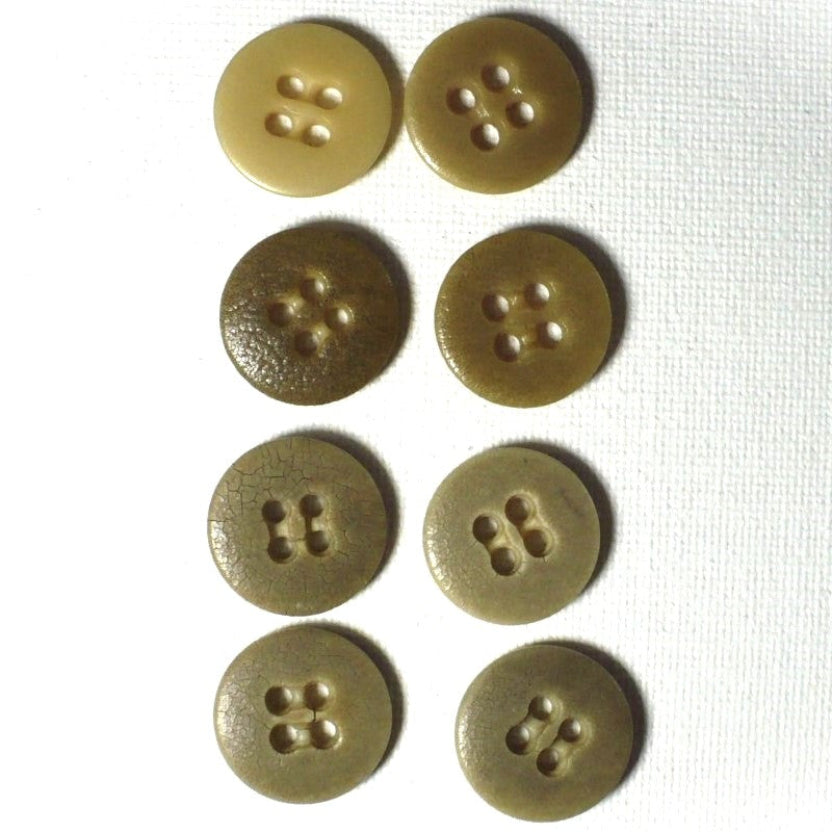 27L 1910s Olive Drab Casein Four-Hole Buttons 3/4 Inches Set of 8, fronts.