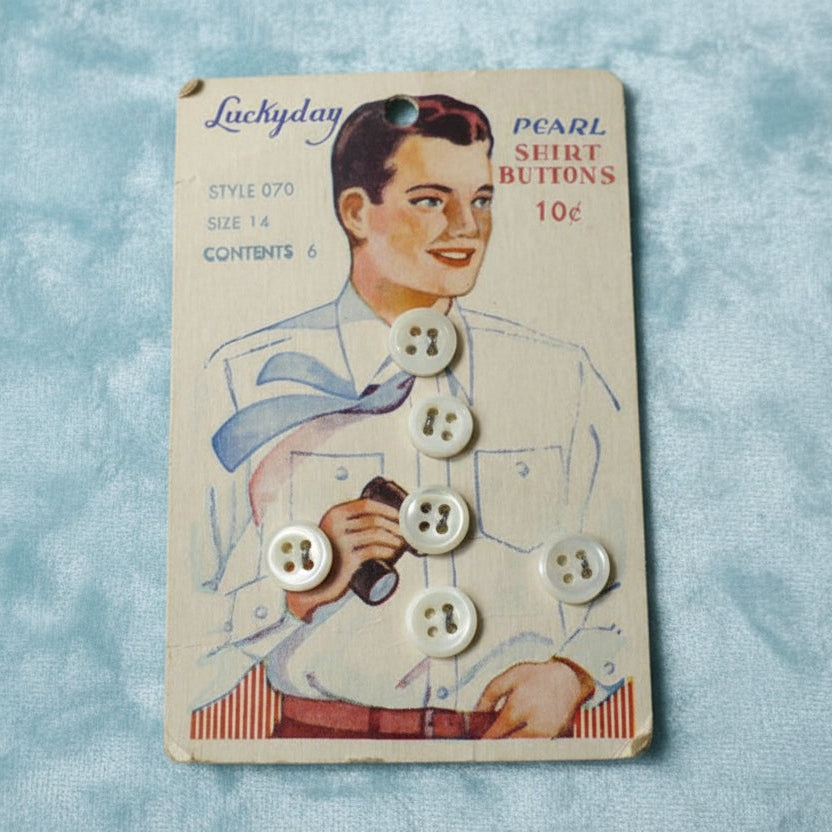 14L Set of Six Luckyday Carded Four Hole Pearl Shirt Buttons, 3/8".