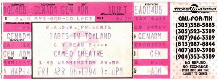 Babes In Toyland 1994 Unused Ticket, front.