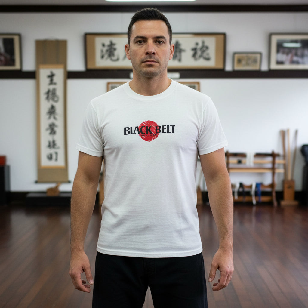 Man wearing a vintage 1980s white t-shirt with 'Black Belt' logo in a martial arts dojo.