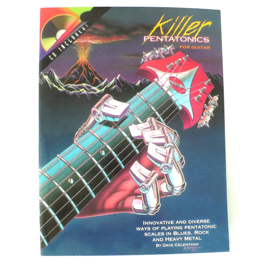 Guitar book titled 'Killer Pentatonics for Guitar' with a colorful cover featuring a guitar and a volcano.