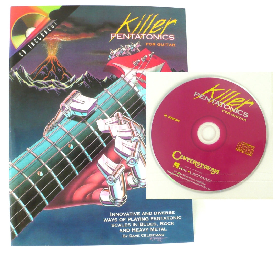 Guitar book titled 'Killer Pentatonics for Guitar' with a CD on a white background