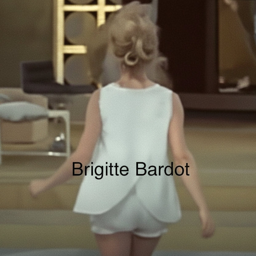 Woman in a white dress walking in an indoor setting with 'Brigitte Bardot' text overlay.