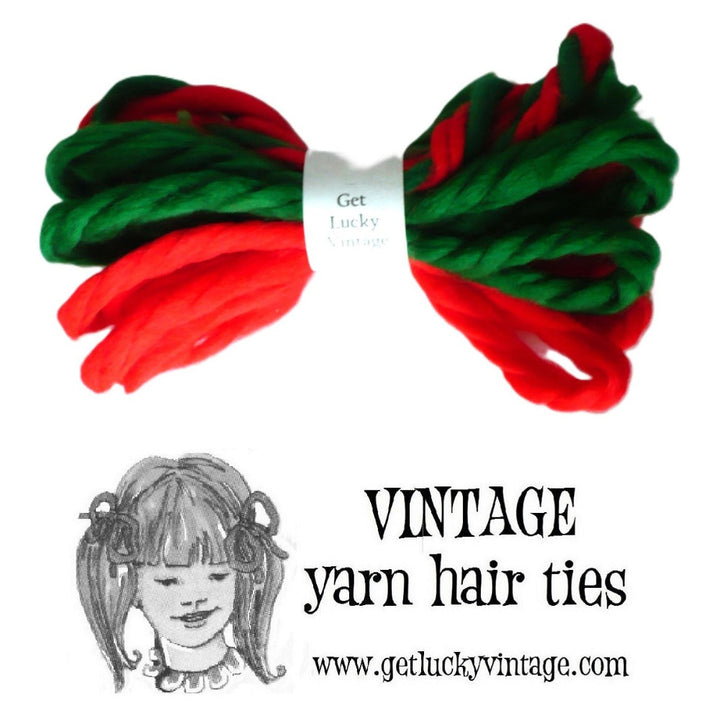 Red, Green, and red-Green Twist 1970s Vintage Fluffy Yarn Hair Ties- A Christmas Holiday Themed Set.