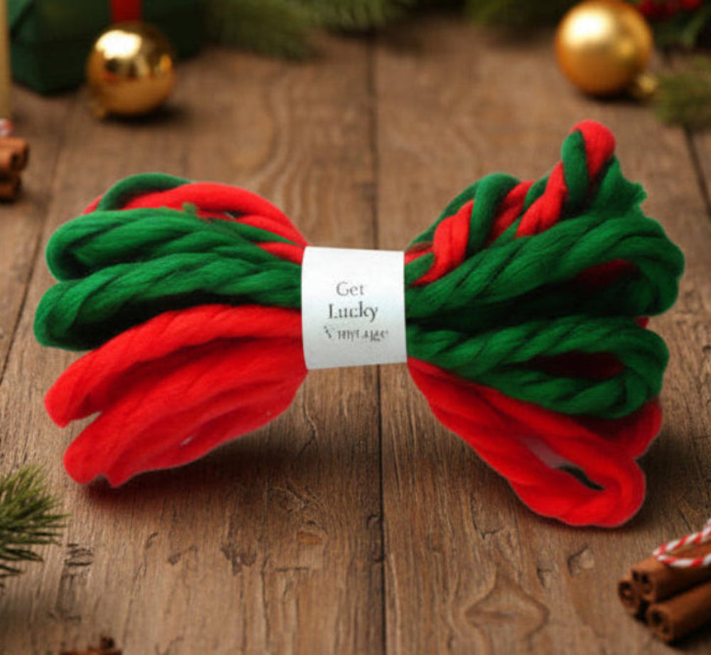 Red, Green, and red-Green Twist 1970s Vintage Fluffy Yarn Hair Ties- A Christmas Holiday Themed Set on a Festive Table Top.