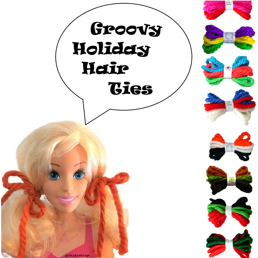 A collage showing a vintage Barbie styling doll bust wearing vintage yarn  hair ties in pigtails, a speech bubble reading 'Groovy Holiday Hair Ties,' and a vertical row of colorful, holiday-themed hair ribbon bundles to choose from.