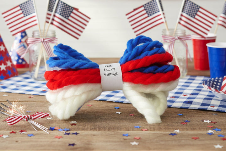 Red, white, and blue vintage yarn hair ties in a holiday-themed bundle.