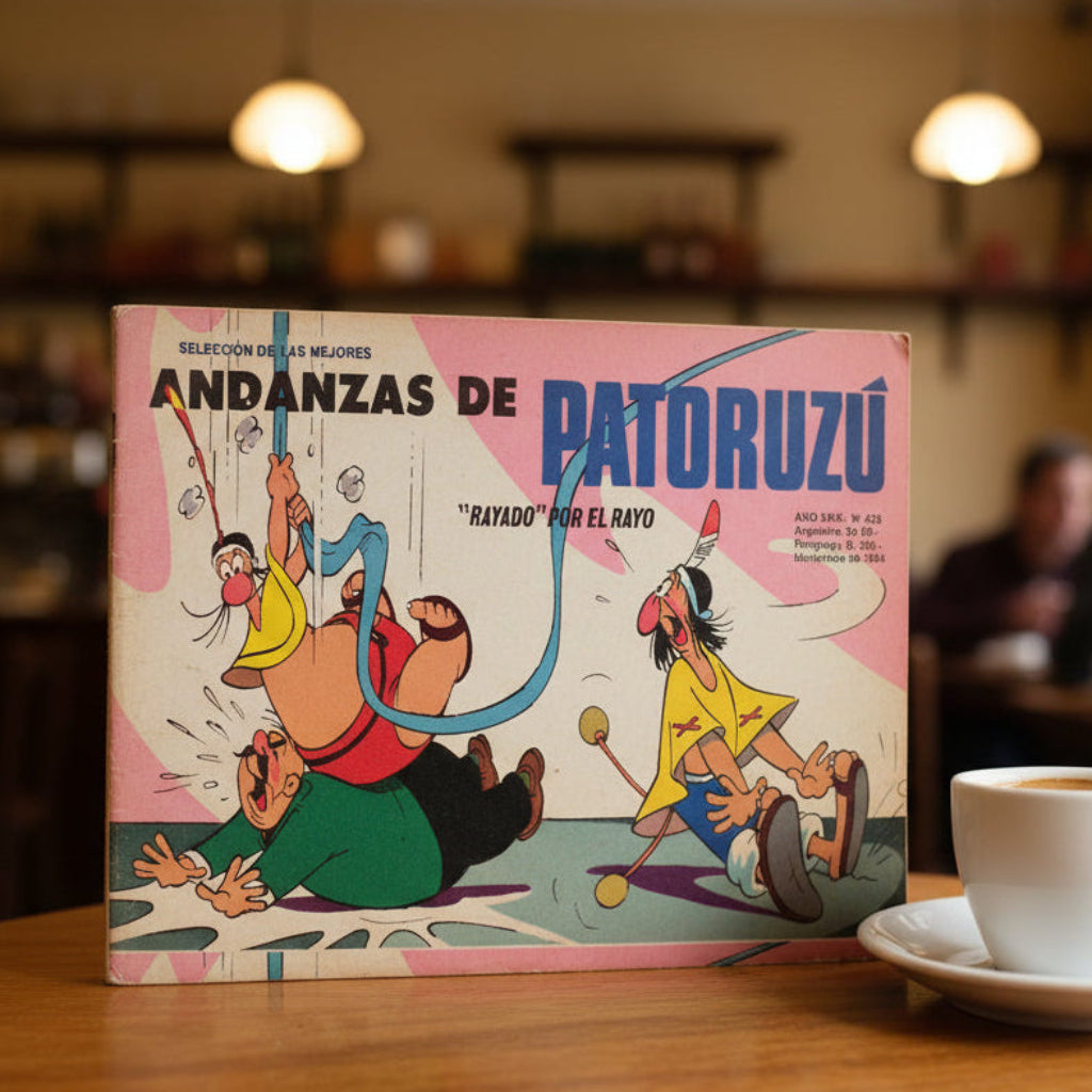 Comic book titled 'Andanzas de Patoruzó' on a table with a blurred background