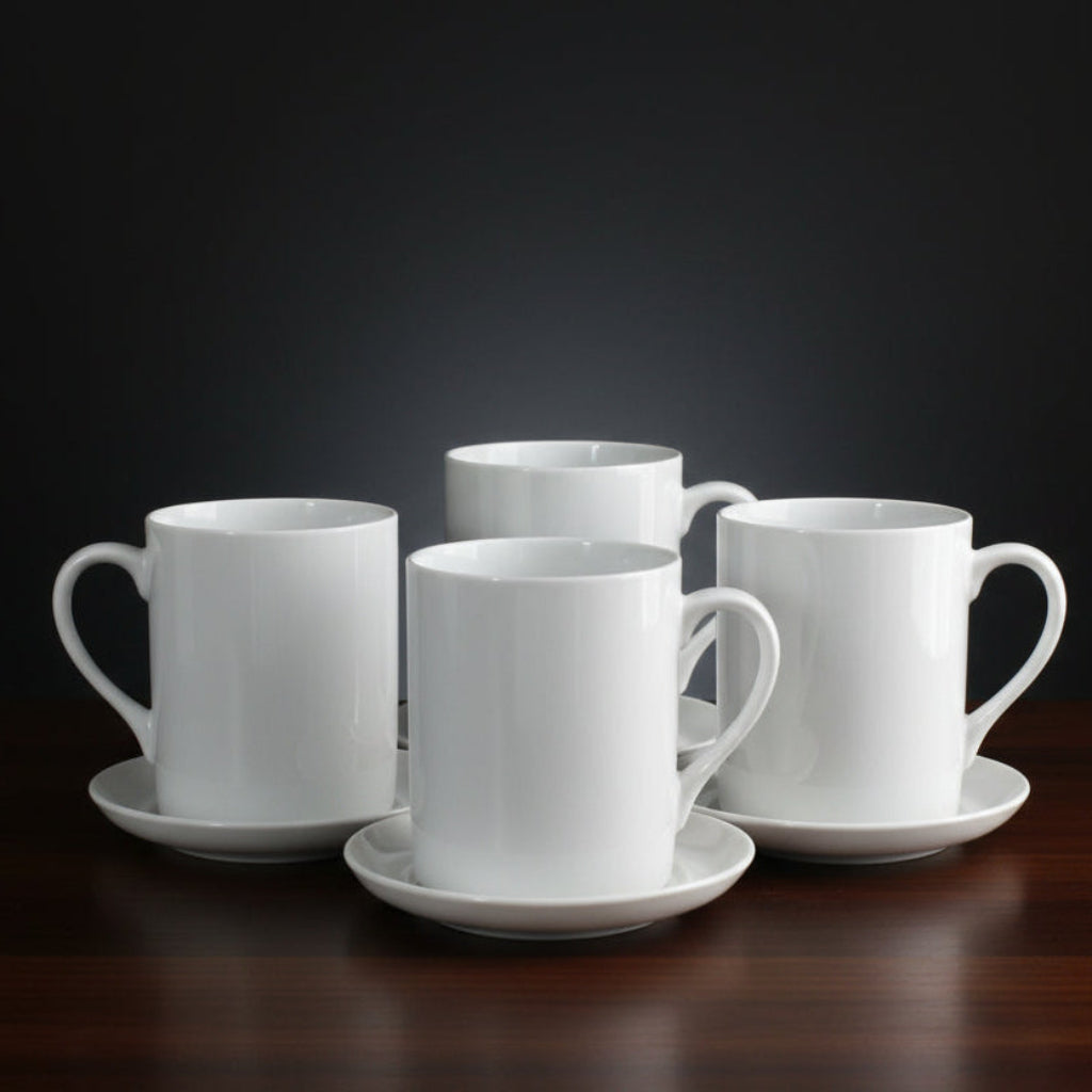 Set of four white ceramic 1960 LaGardo Tackett Slim White Tack Espresso Cup & Saucer Sets  on a dark background.