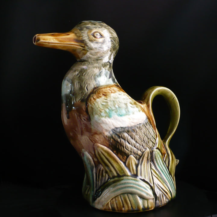 1910s Frie Onnaing Majolica Pitcher Canard dans les Roseaux Figural Duck in Reeds.