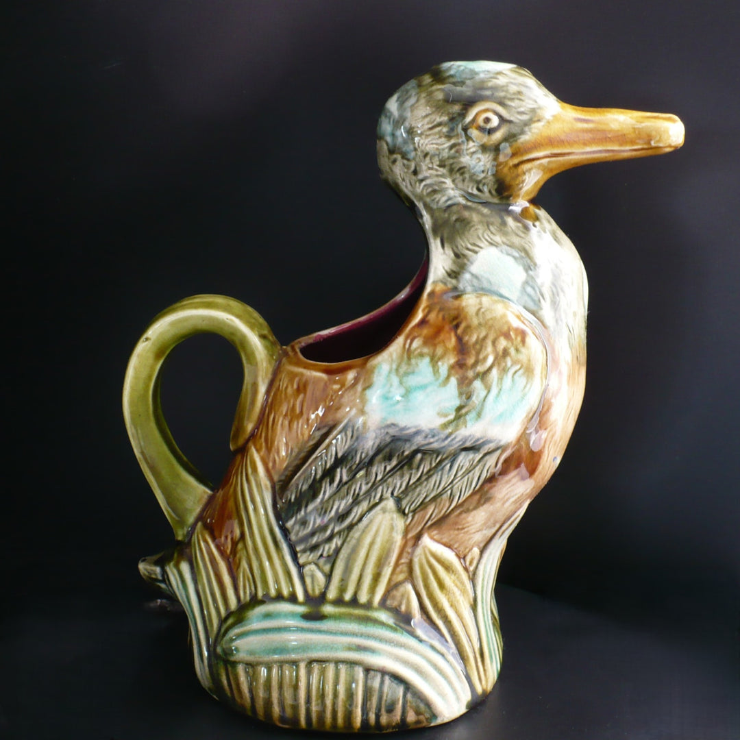 1910s Frie Onnaing Majolica Pitcher Canard dans les Roseaux Figural Duck in Reeds.