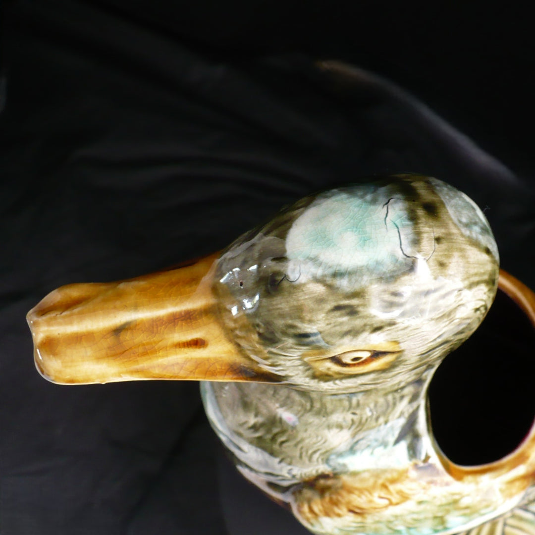 1910s Frie Onnaing Majolica Pitcher Canard dans les Roseaux Figural Duck in Reeds.