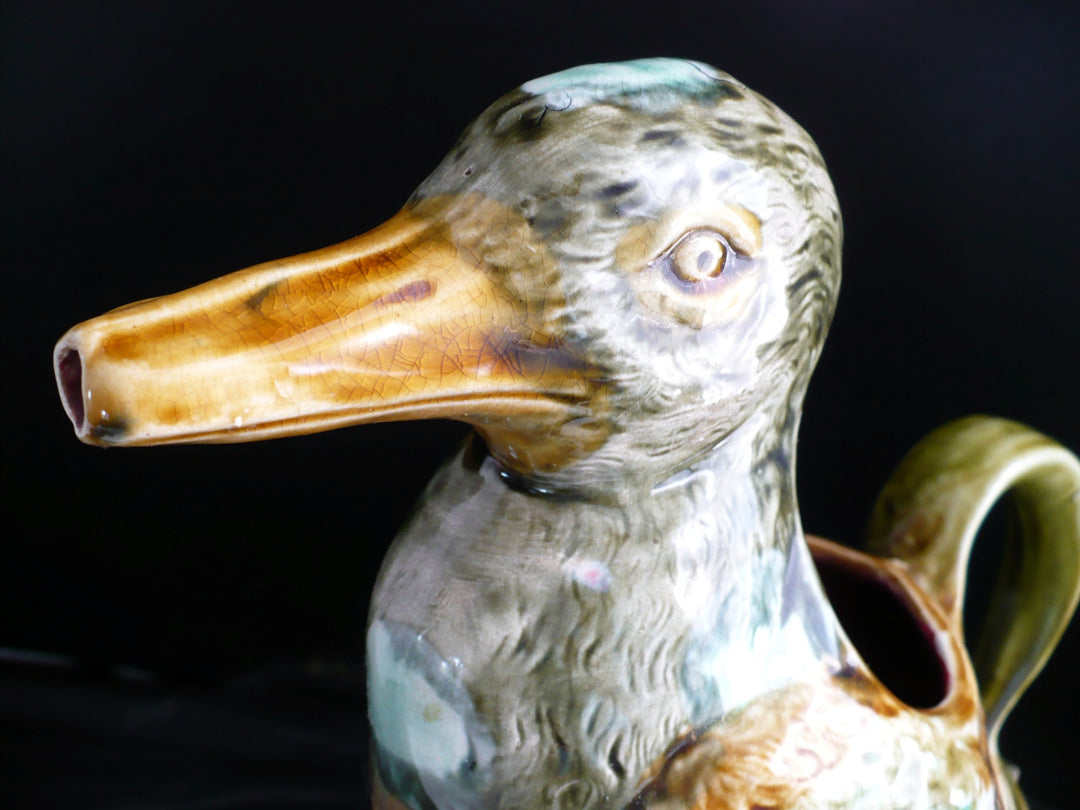 1910s Frie Onnaing Majolica Pitcher Canard dans les Roseaux Figural Duck in Reeds.
