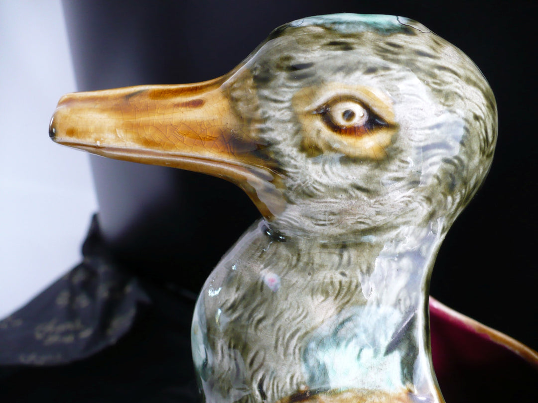 1910s Frie Onnaing Majolica Pitcher Canard dans les Roseaux Figural Duck in Reeds.