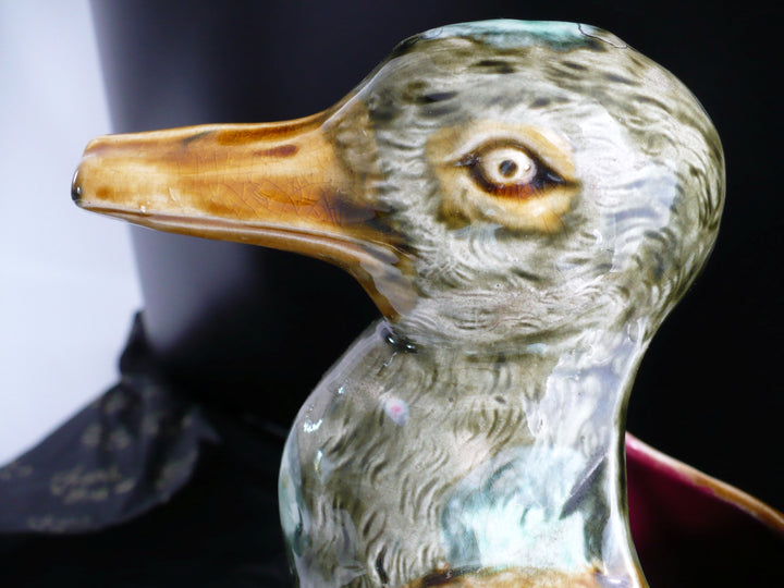 1910s Frie Onnaing Majolica Pitcher Canard dans les Roseaux Figural Duck in Reeds.