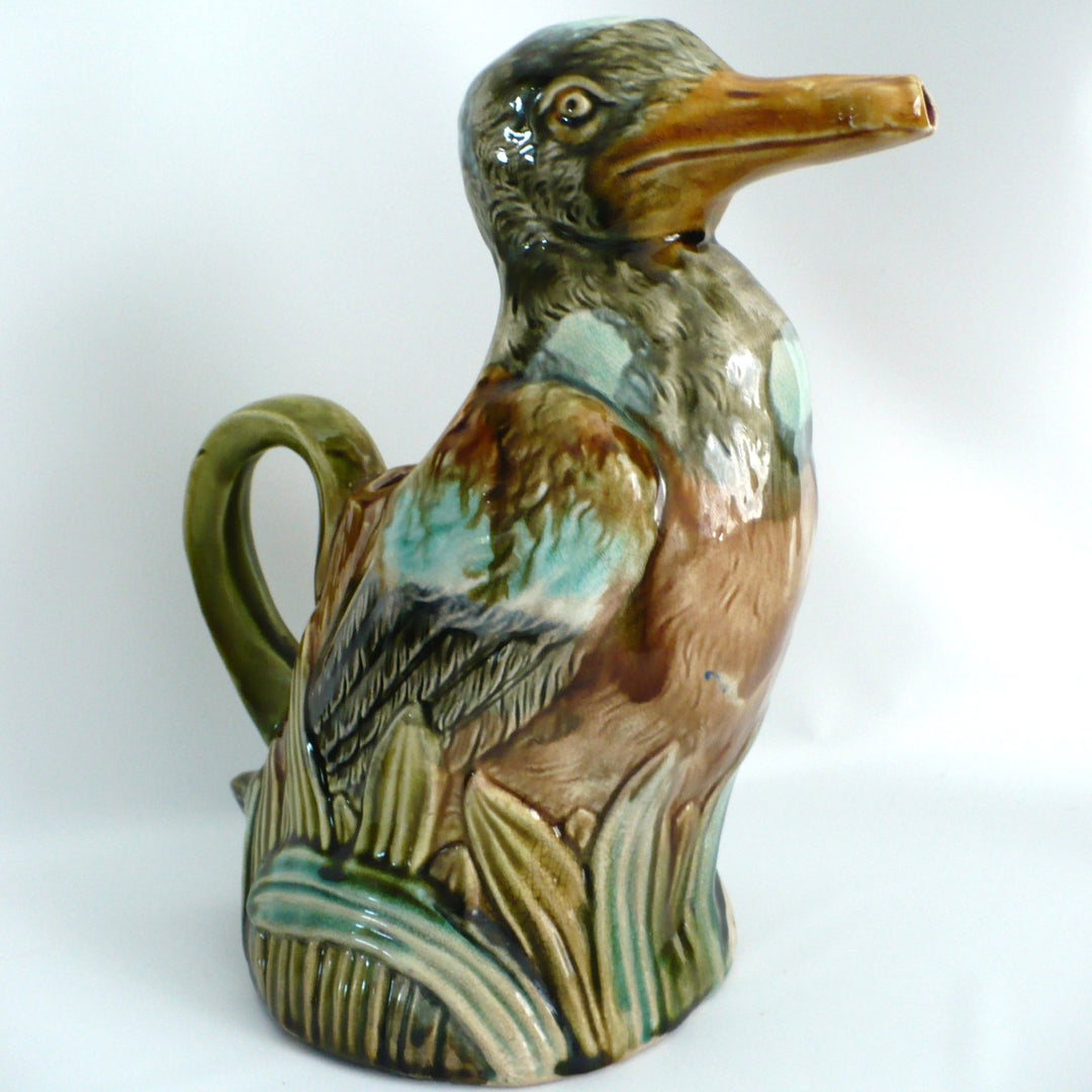 1910s Frie Onnaing Majolica Pitcher Canard dans les Roseaux Figural Duck in Reeds.