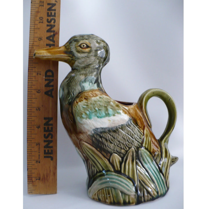 1910s Frie Onnaing Majolica Pitcher Canard dans les Roseaux Figural Duck in Reeds.