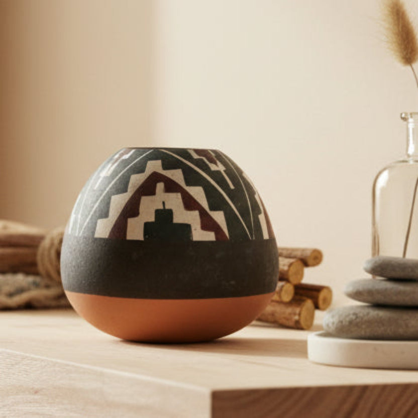 Mid-Century Diaguita Style Ceramic Seed Pot, Handcrafted South American Tribal Pottery on a wooden surface.