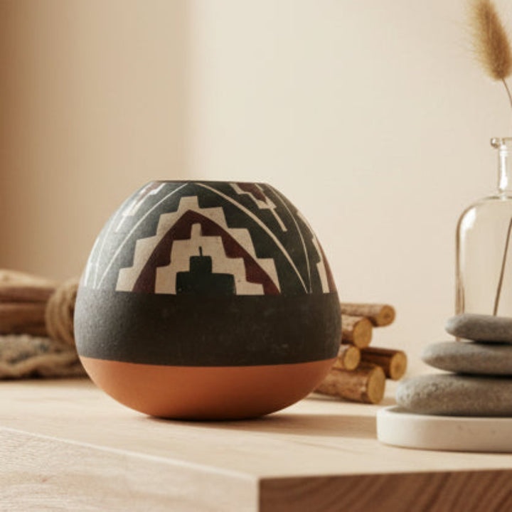 Mid-Century Diaguita Style Ceramic Seed Pot, Handcrafted South American Tribal Pottery on a wooden surface.